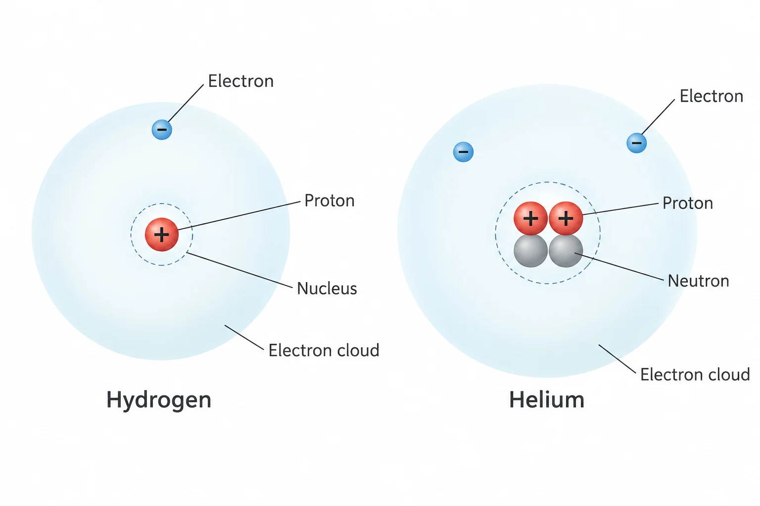 A hydrogen atom with a one-proton nucleus and one electron, beside a helium atom with two protons and two neutrons in its nucleus and two electrons around it