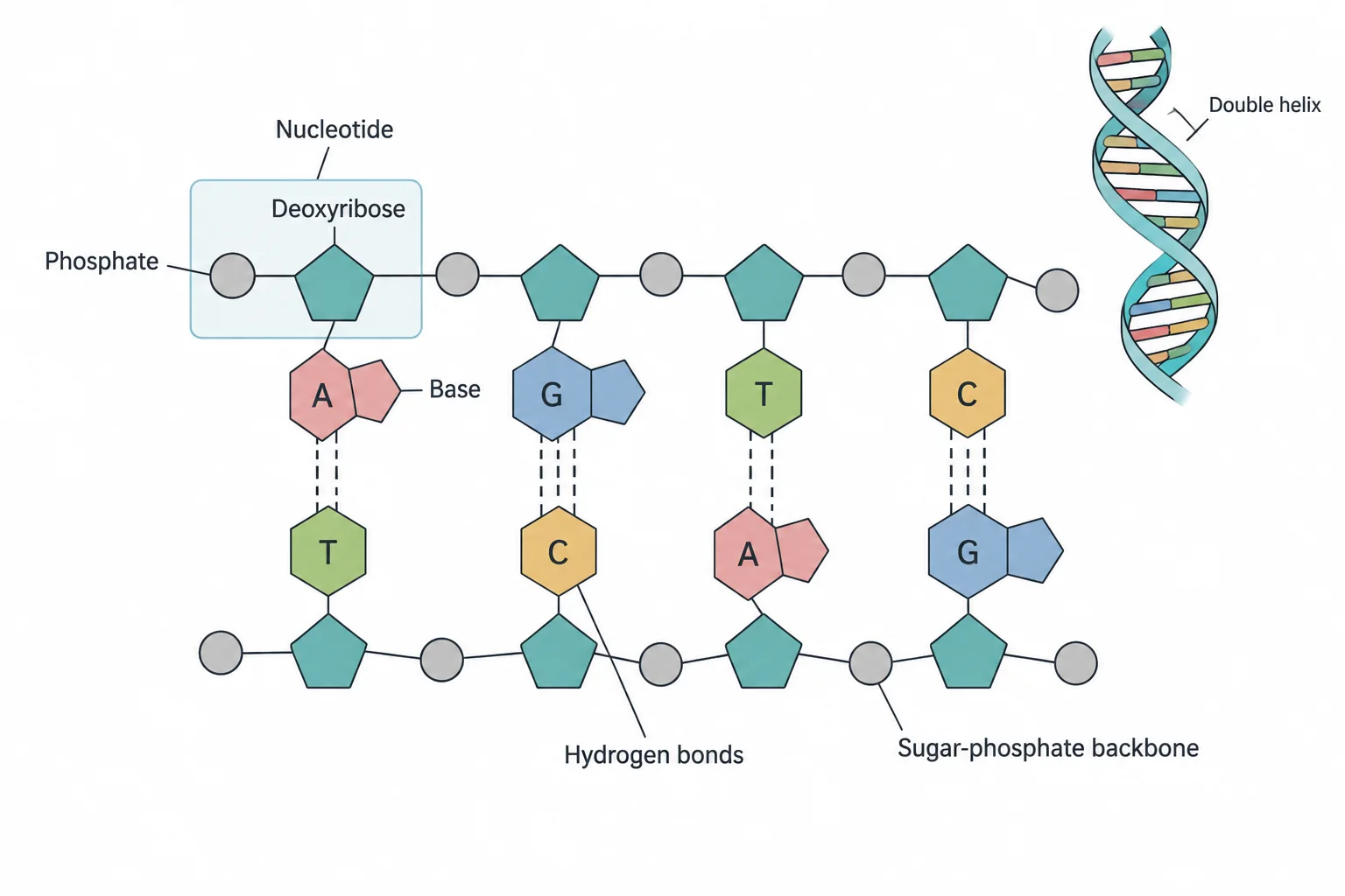A short stretch of DNA drawn as a flat ladder: two sugar-phosphate backbones form the rails, and base pairs form the rungs, with A paired to T and G paired to C, joined by hydrogen bonds. One nucleotide is highlighted, showing its phosphate, sugar, and base. An inset shows the ladder twisted into a double helix.