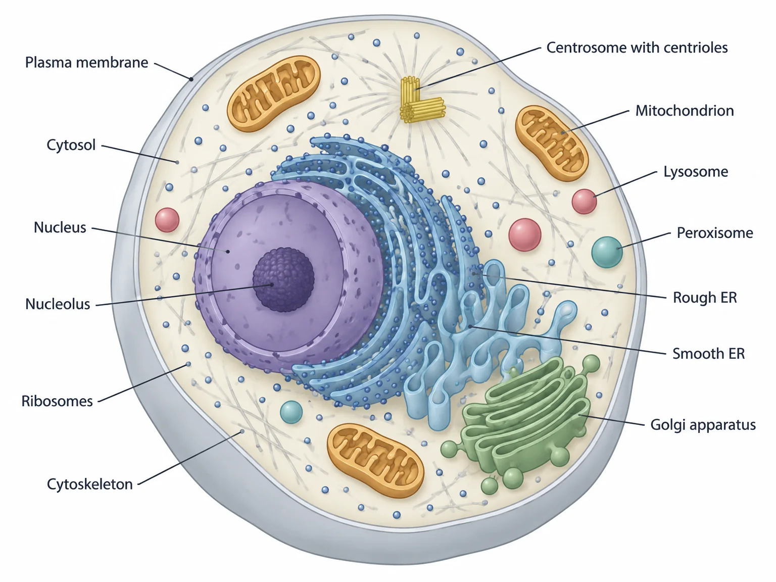 Cutaway of an animal cell showing the nucleus with nucleolus, rough and smooth endoplasmic reticulum, Golgi apparatus, mitochondria, lysosome, peroxisome, centrosome with centrioles, cytoskeleton, ribosomes, and the plasma membrane