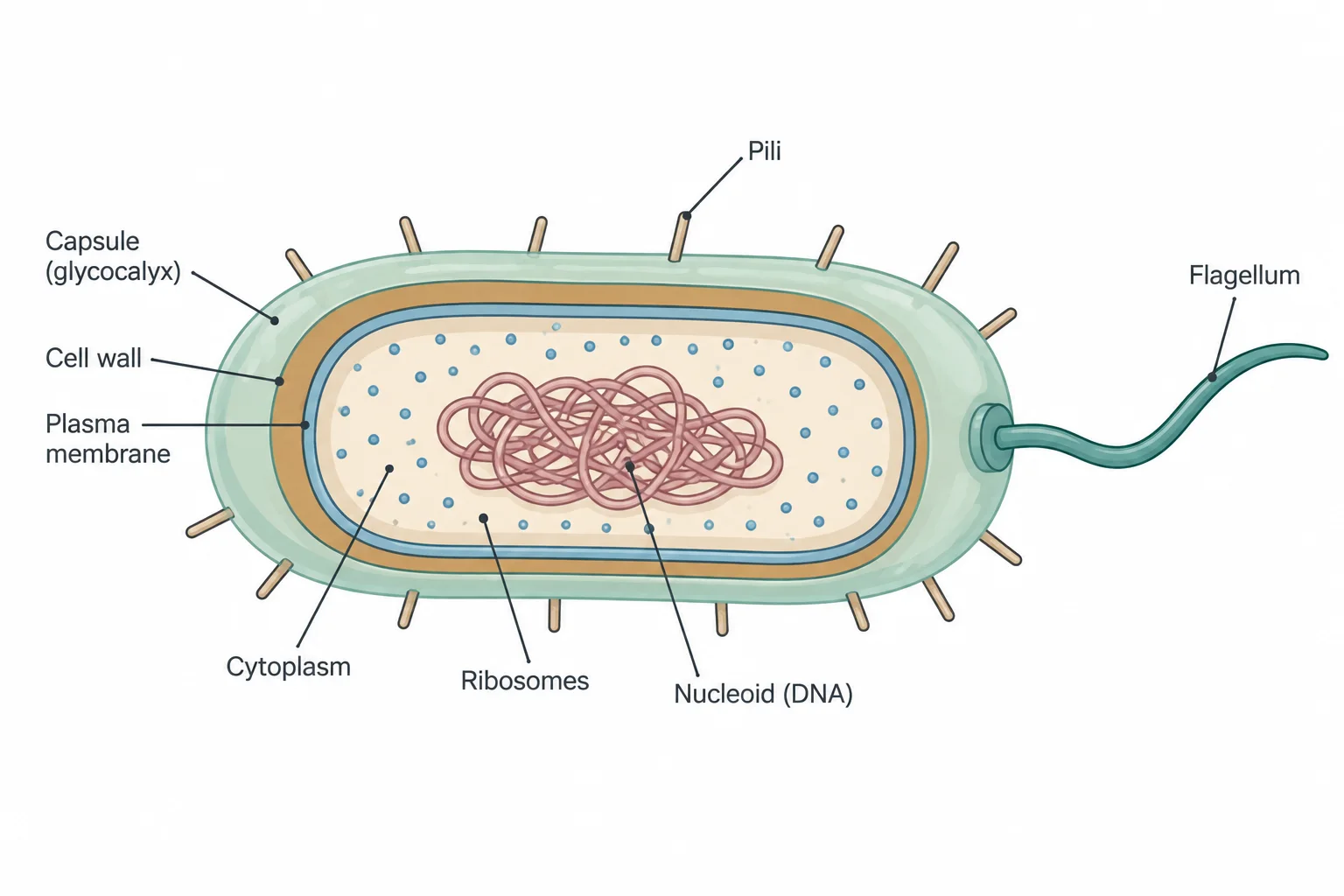 Cutaway of a rod-shaped bacterium showing its outer layers (capsule or glycocalyx, cell wall, plasma membrane) and, inside, the cytoplasm with ribosomes and a nucleoid region of coiled DNA; pili project from the surface and a long flagellum extends from one end