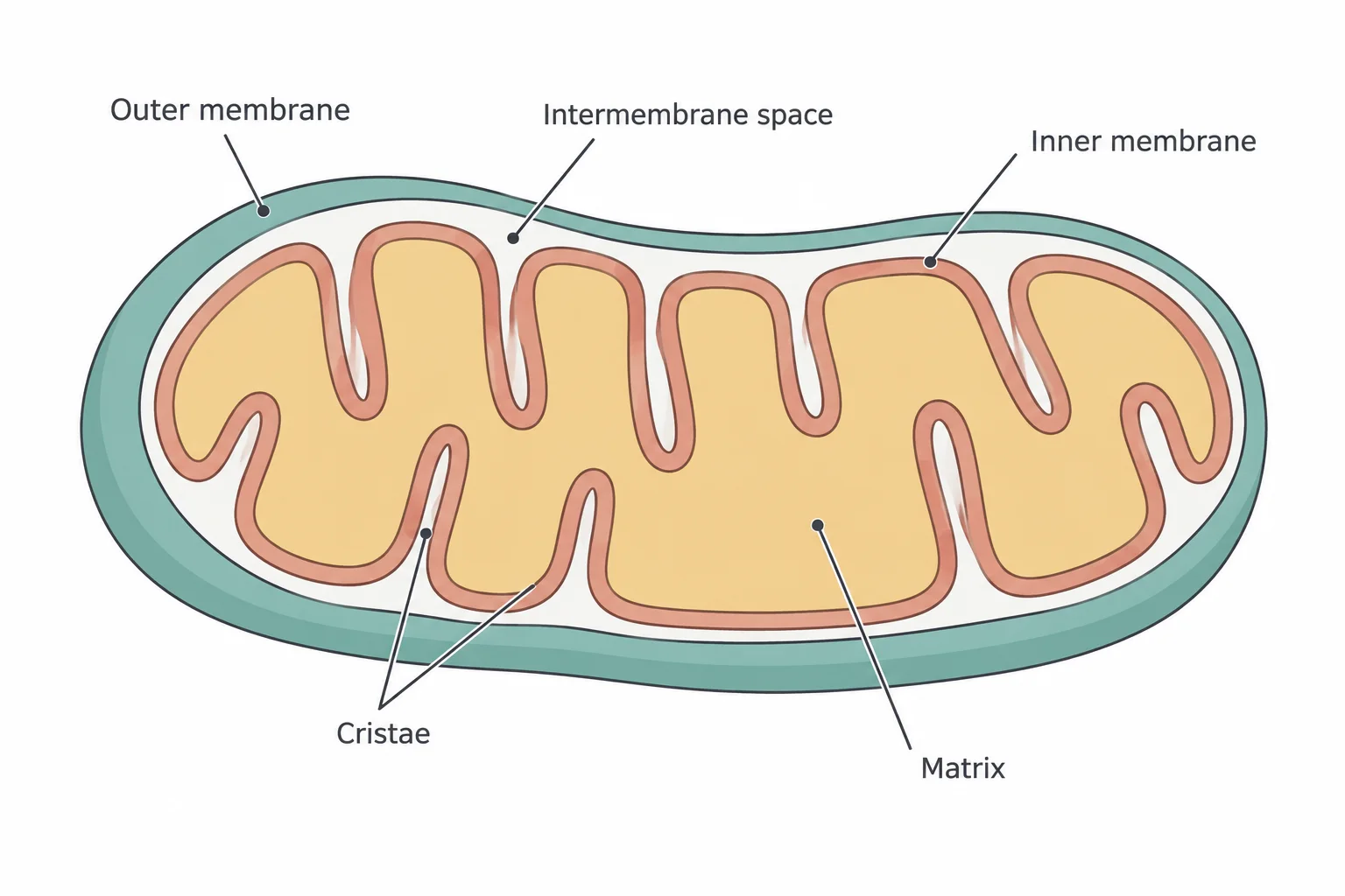 Cutaway of an oval mitochondrion showing a smooth outer membrane, an inner membrane folded into cristae, the narrow intermembrane space between the two membranes, and the matrix filling the interior