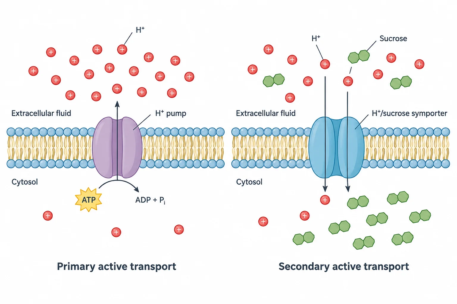 Left: an H⁺ pump uses ATP to push hydrogen ions out of the cell, where they build up. Right: an H⁺/sucrose symporter lets hydrogen ions flow back into the cell and carries sucrose in with them, into the cytosol where sucrose is already concentrated