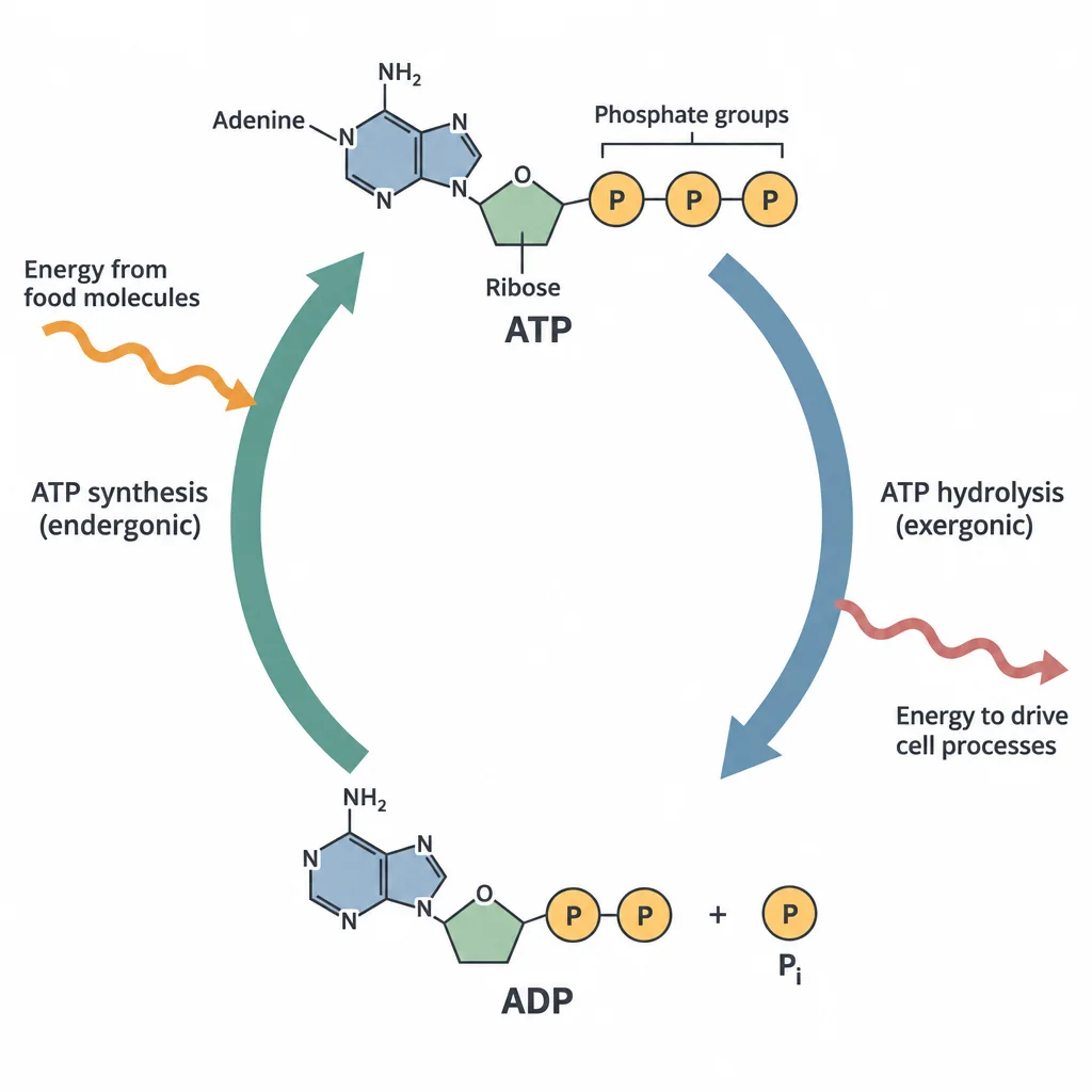 A cycle with ATP (three phosphate groups) at the top and ADP (two phosphate groups) plus a separate inorganic phosphate at the bottom. The left arrow, ATP synthesis, is endergonic and takes in energy from food molecules. The right arrow, ATP hydrolysis, is exergonic and releases energy to drive cell processes.