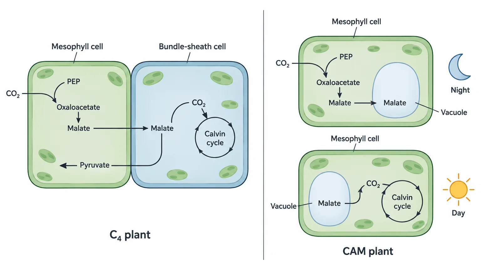 Two panels. In the C₄ plant, a mesophyll cell fixes CO₂ onto PEP to make oxaloacetate and then malate, which moves into a neighboring bundle-sheath cell and releases CO₂ into the Calvin cycle, while pyruvate returns to the mesophyll cell. In the CAM plant, a single mesophyll cell fixes CO₂ onto PEP at night and stores it as malate in its vacuole, then releases the CO₂ into the Calvin cycle during the day.