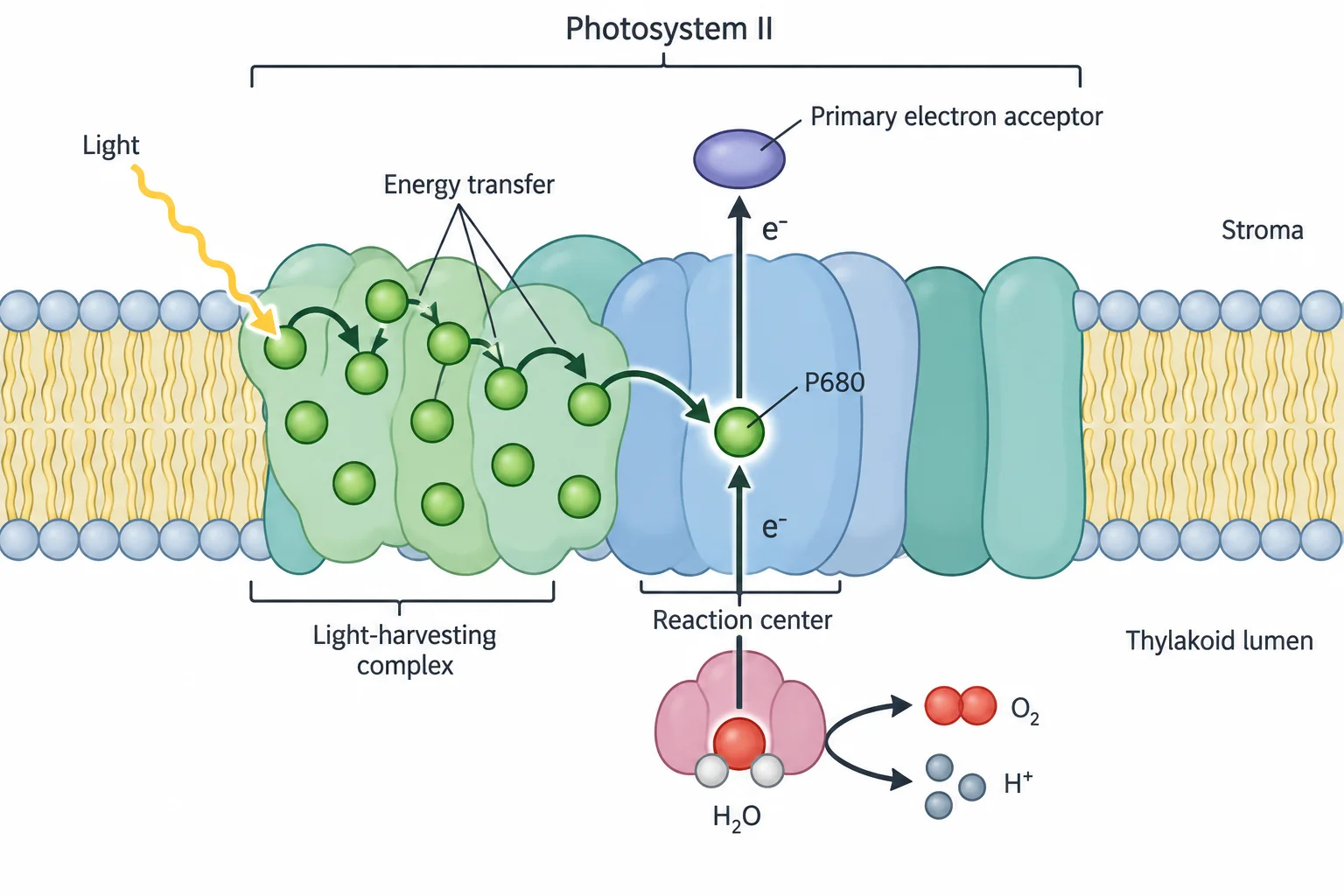 Photosystem II in the thylakoid membrane: light strikes pigments of the light-harvesting complex, energy hops from pigment to pigment to P680 in the reaction center, P680 passes an electron up to the primary electron acceptor on the stroma side, and water split on the lumen side supplies electrons to P680 while releasing O₂ and H⁺