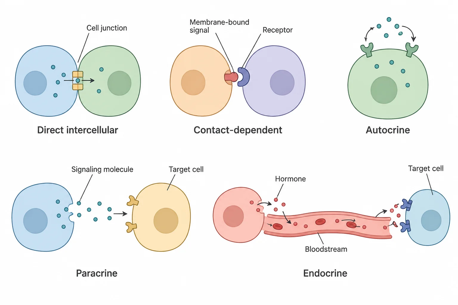 Five panels. Direct intercellular: two cells joined by a junction that particles pass through. Contact-dependent: a signal on one cell's surface fits a receptor on a touching cell. Autocrine: a cell's signal binds receptors on itself and an identical neighbor. Paracrine: a signal reaches a nearby target cell. Endocrine: a hormone travels through the bloodstream to a distant target cell