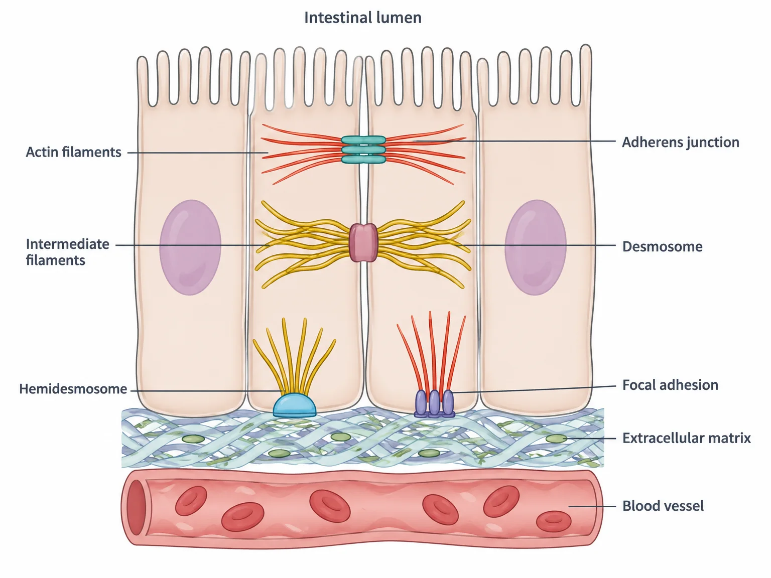 A row of intestinal cells side by side, tops facing the intestinal lumen and bottoms resting on the extracellular matrix above a blood vessel. Between neighboring cells are a band-shaped adherens junction and spot-shaped desmosomes; along the bottom of the cells are hemidesmosomes and focal adhesions attaching to the matrix