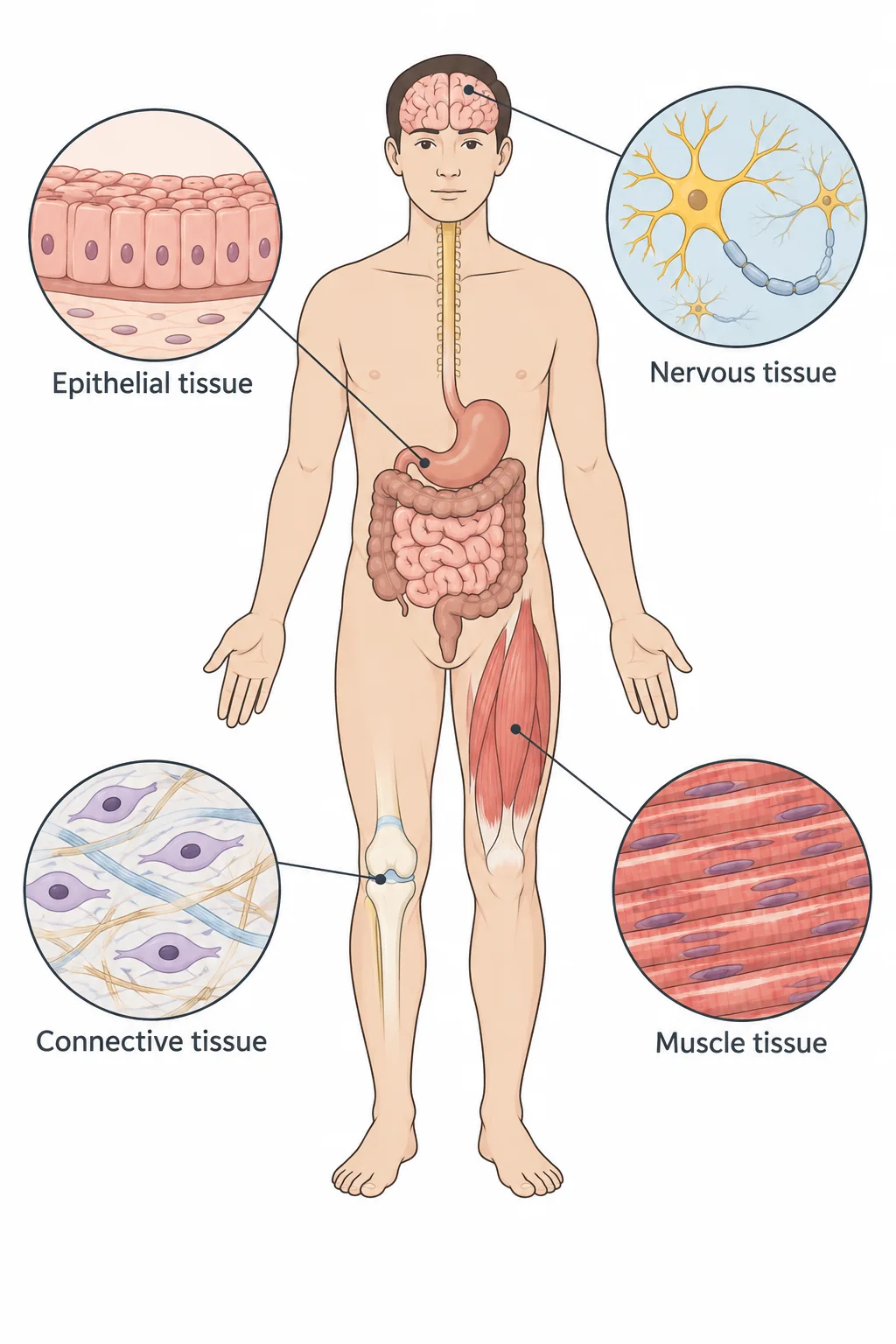 Outline of a human body with four callouts: the lining of the digestive tract labeled epithelial tissue, the knee joint and bone labeled connective tissue, the brain and spinal cord labeled nervous tissue, and the thigh muscle labeled muscle tissue