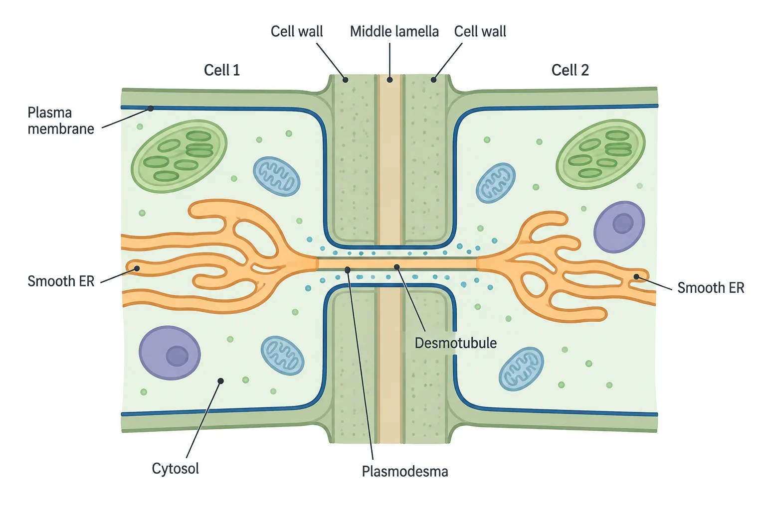 Two neighboring plant cells separated by their cell walls and a middle lamella. A channel passes through the walls, lined by a plasma membrane that is continuous from one cell to the other. A thin tube down the center of the channel connects the smooth ER of the two cells