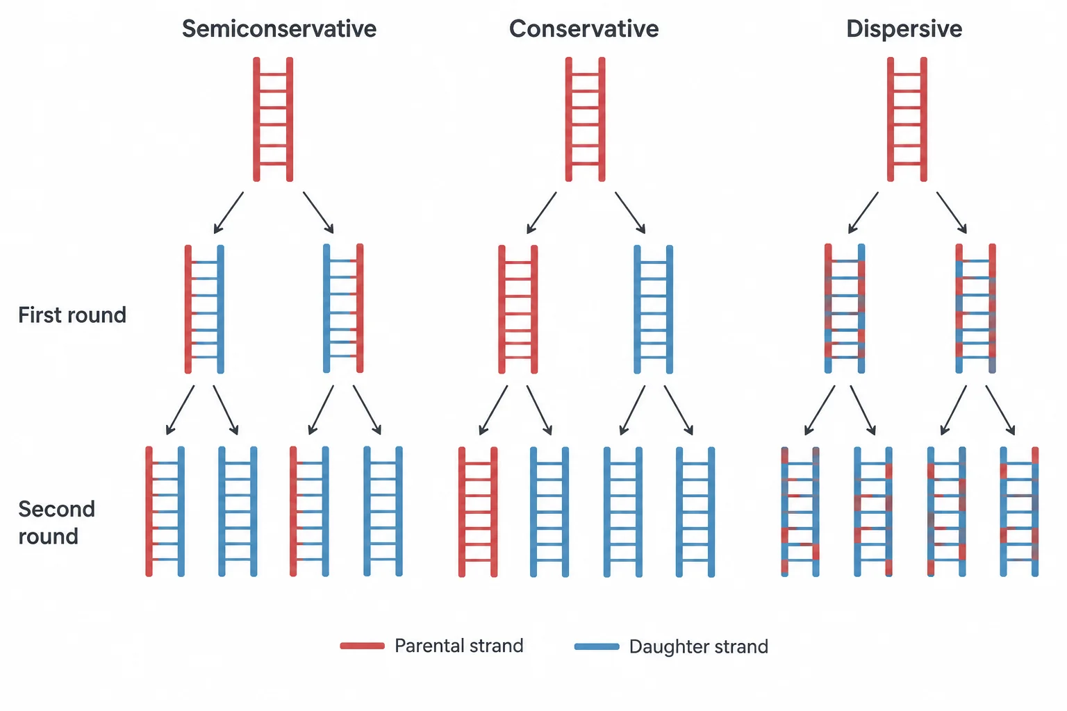Three columns comparing replication models over two rounds. Parental strands are red and daughter strands blue. Semiconservative: each new helix has one red and one blue strand. Conservative: one helix stays all red and the others are all blue. Dispersive: every strand is a mix of red and blue segments.