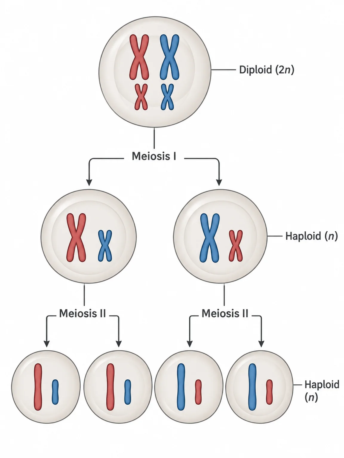 A diploid cell with two pairs of replicated chromosomes, red and blue, divides in meiosis I into two cells, each holding one replicated chromosome from each pair. Each of those divides in meiosis II into two cells, giving four haploid cells at the bottom, each with two single, unreplicated chromosomes.