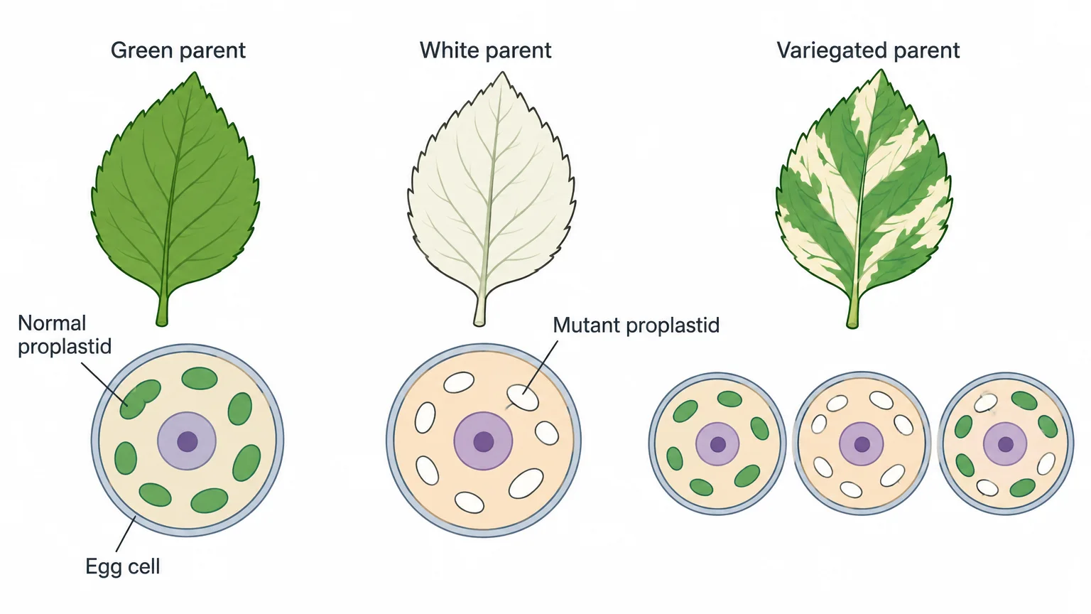 Three egg cells in a row. The first, from a green-leaved plant, holds only green proplastids. The second, from a white-leaved plant, holds only white proplastids. The third group, from a variegated plant, shows three possible eggs: all green proplastids, all white, and a mix of green and white.
