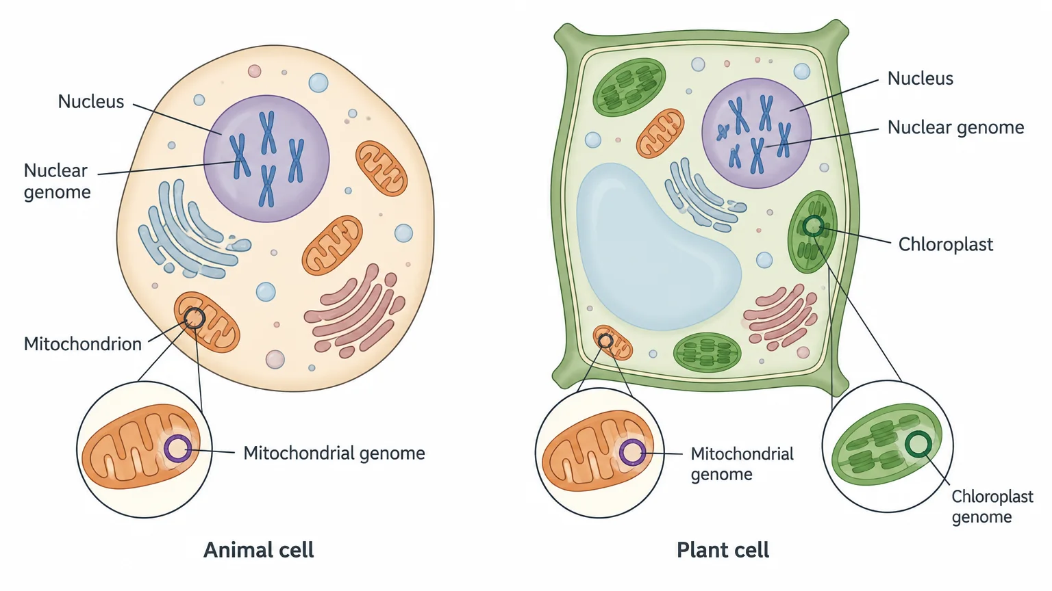 An animal cell and a plant cell side by side. Each has a nucleus containing several linear chromosomes and mitochondria each holding a small circle of DNA. The plant cell also has chloroplasts, each holding its own small circle of DNA.